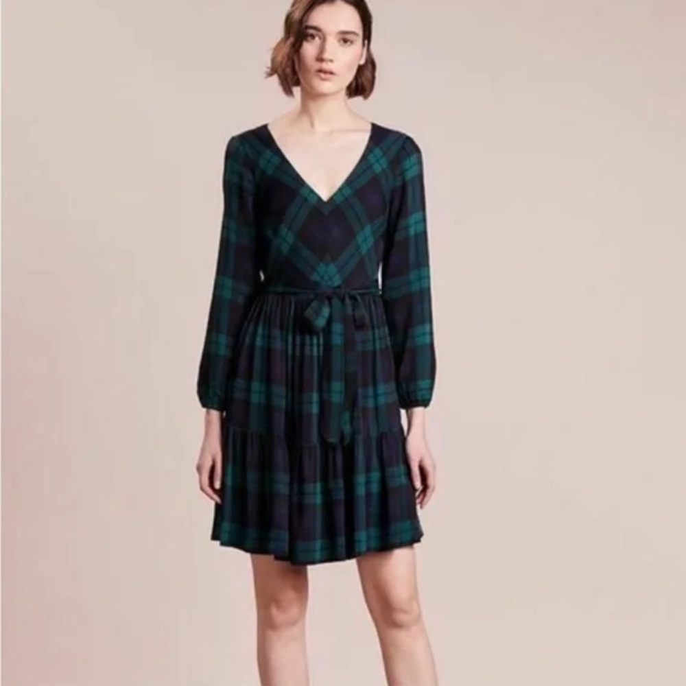 NWT J. Crew Black and Green Plaid Long-Sleeve Tie-Waist Dress SZ 12